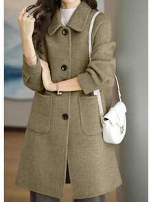 Women's Solid Color Front Button Pocket Casual Long Sleeve Wool Blend Jacket - Olive Green - View 3