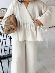 Women's Casual Loose 2 Pieces Set, V-Neck Long Sleeve Top And Wide Leg Pants White Spring - White - View 4