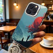 Funda de Teléfono Diseño de Paisaje de Árbol Azul y Rojo para iPhone 14 13 12 11 Pro Max y  Galaxy S23 S22 S21 Plus Opción de Regalo Ideal para Todas las Estaciones - Negro - Ver 6