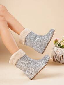 2026 Winter New Sequin Lining Snow Boots For Women, Mid-Calf, Thick Sole, Versatile - Silver - View 4