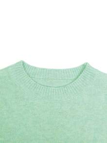 Ladies' Plain Loose Fit Crew Neck Long Sleeve Knitted Sweater - Asakusa Green - View 3