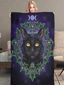 Black Cat Throw Blanket Warm Bedroom Blanket Flannel Bed Blanket Sofa Bedding Adult Travel Blanket Punk Style - 白色 - 查看 1