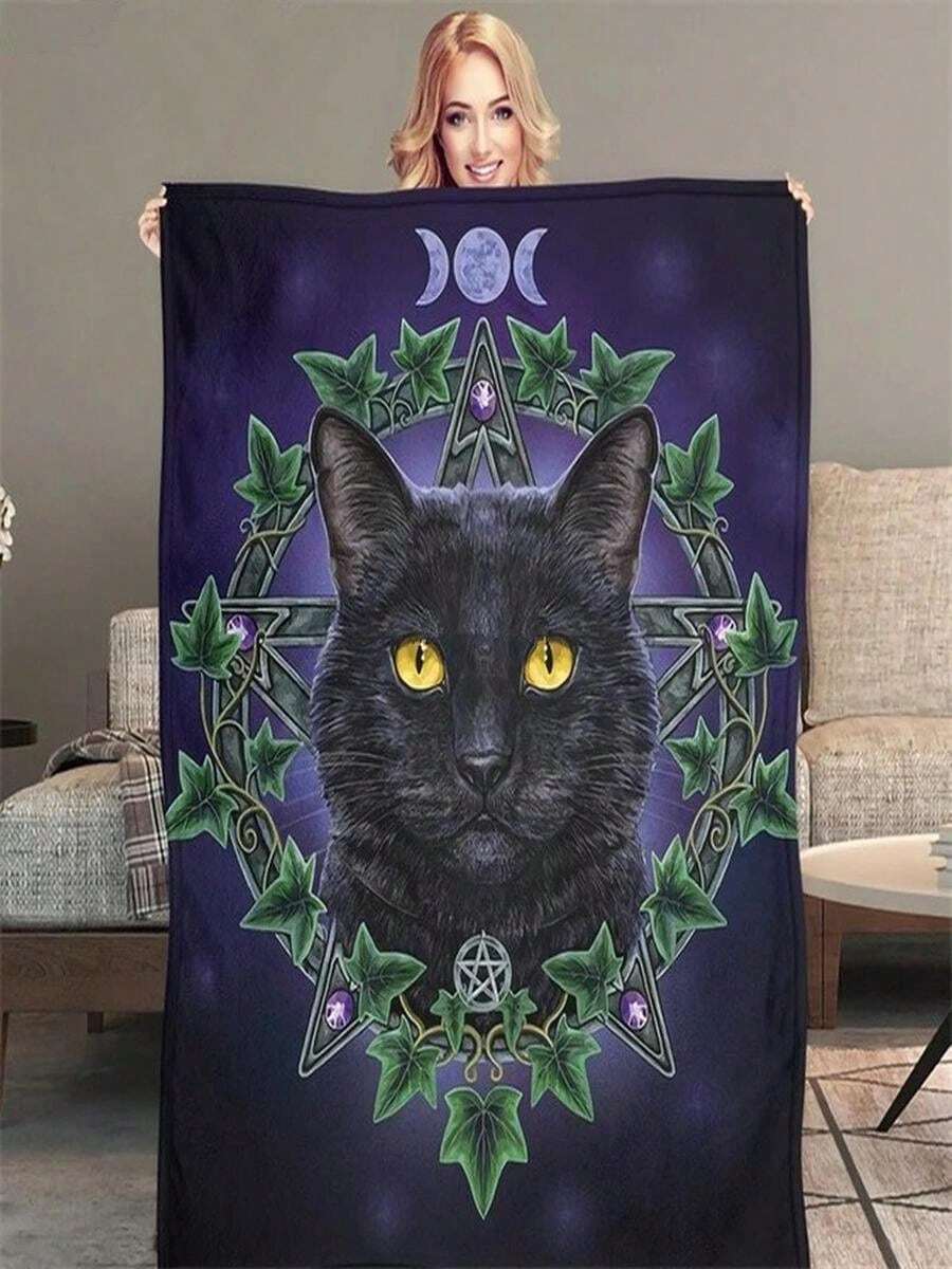 Black Cat Throw Blanket Warm Bedroom Blanket Flannel Bed Blanket Sofa Bedding Adult Travel Blanket Punk Style - 白色 - 查看 1