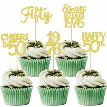 10/20 piezas Adornos para cupcakes de cumpleaños 50 con brillo negro | "50 años, celebrando el nacimiento en 1976 50º" Decoraciones para fiesta de hitos | Adornos para pasteles de postre de aniversario 50 unisex - Multicolor - Ver 8