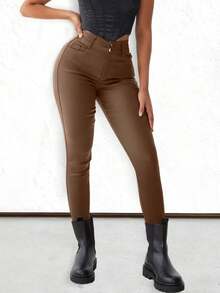 Apperloth A 高腰PU皮革緊身褲 - 薑色 - 查看 4