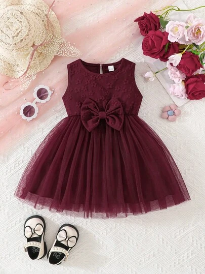 夏季女婴可爱雪花图案蝴蝶结装饰网纱连衣裙