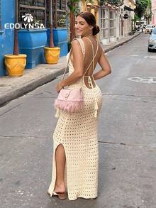 Sexy Backless Sheer Slit Camisole Dress Swimsuit Cover Up, Summer Vacation Dress - Apricot - View 4