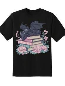 Dragon And Books Stack Floral Design T Shirt For Book Lovers Fantasy Readers Magic Theme Casual Wear For Women And Girls,220g - 黑色 - 查看 2