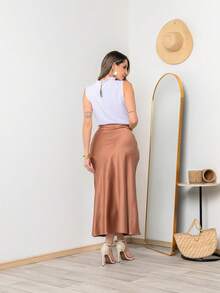 Elegant Satin Skirt With Zipper, Office Party S795 - 摩卡棕 - 查看 6
