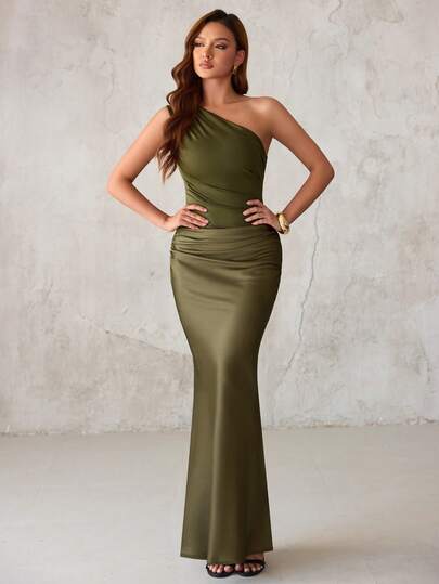 纯色不对称/不对称鸡尾酒会礼服，适合派对/婚礼