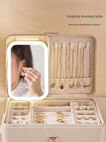 JewelryStorageBoxLEDMirror LED 紧凑型多功能 3 色可调节化妆镜和珠宝盒组合，照亮您的美丽，防水、防尘，适用于化妆品、耳环、戒指和珠宝收纳，阳光旅行凉爽返校