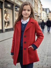 Girls' Casual Lapel Fleece Jacket, Versatile - Red - View 5