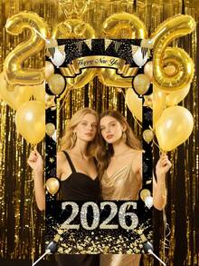 1 Stück 2026 Neujahrs Fotorahmen Banner, 60x120cm Schwarz Gold Glitzer Diamant Neujahrsparty Fotohintergrund, strapazierfähiger Polyesterstoff, Frohes Neues Jahr Fotorequisiten, Silvester Party Zubehör, Frohes Neues Jahr Dekoration 2026 - Verschiedenfarbig - Übersicht 2