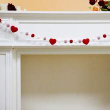 1个情人节毛绒球花环，浪漫红粉白蓬松球花环装饰，柔软悬挂心形横幅，情人节派对爱情主题装饰，温馨家居墙壁壁炉窗户卧室客厅拍照背景，浪漫节日装饰 - 彩色 - 查看 6