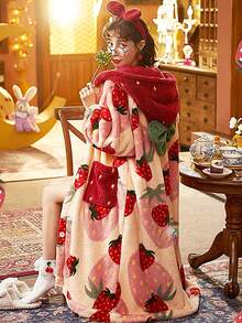 Strawberry Print Hooded Casual Robe, Christmas Gift Long Sleeve Warm Wool Thick Button Casual Loungewear With Pockets, Women Pajama Set, Essential For Winter - Multicolor - View 8