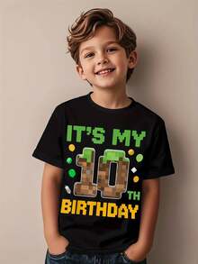 Pure Cotton Graphic Tee For Young Boy. Birthday. It's My 10th Birthday. Gamer Pixel Number. Novelty. Awesome Graphic Tee For Boys. Casual T-Shirts For Kids. Fashionable Tops. Boys' T-Shirts. - 黑色 - 查看 1