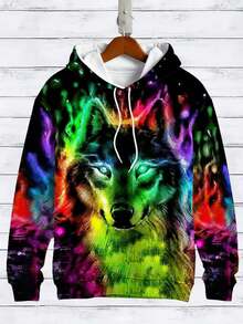 Men'S 3D Wolf Head Print Hooded Sweatshirt - Neon Green & Multicolor Wolf Face Design, Casual Long Sleeve Hoodie For Fall/Winter, Loose Fit Streetwear Pullover With Drawstring Hood, Winter Apparel |   Casual Hoodie |   Comfortable Fit Hoodie - 風格 - 查看 4