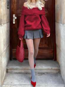 New Women's Fashion Wedding Solid Colour Casual Long Sleeve Folded Sexy Strapless One Neck Design Pullover Sweater - Red - View 3