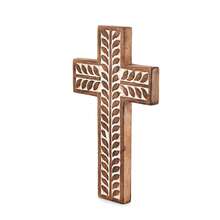 Mango Wood Religious Catholic Cross Wall Hanging Floral Carvings Living Room Home Décor For Entryway Office Living Room (10" X 6" X 0.75") - 彩色 - 查看 1