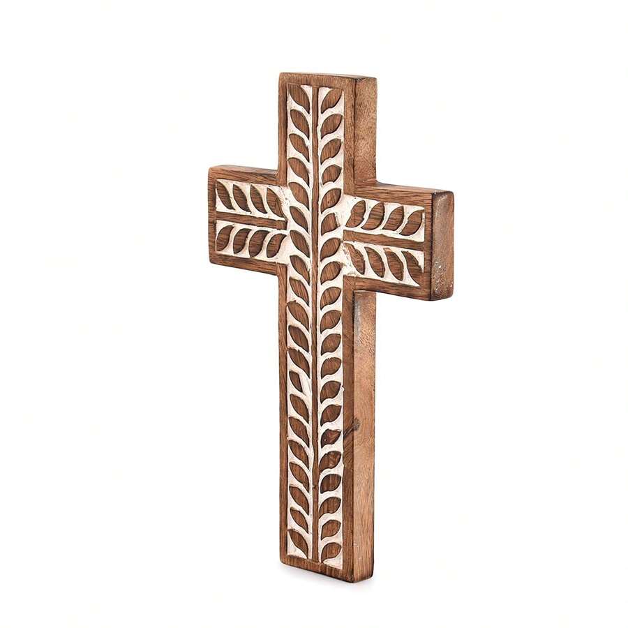 Mango Wood Religious Catholic Cross Wall Hanging Floral Carvings Living Room Home Décor For Entryway Office Living Room (10" X 6" X 0.75") - 彩色 - 查看 1