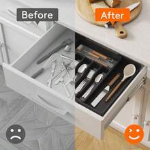 HAWTSilverware Drawer Organizer Expandable Utensil Tray With Non-Slip TPR Deep Flatware Cutlery Holder Adjustable Plastic Kitchen Storage For Spoons Forks Knives Large Black And Gray - BlackGray - View 5
