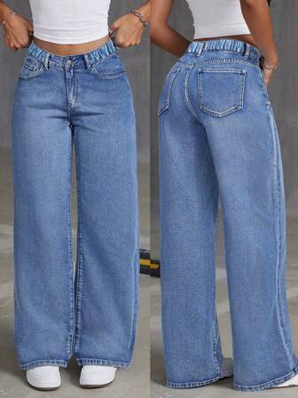 Tween 女童宽松休闲舒适纯色直筒阔腿牛仔裤