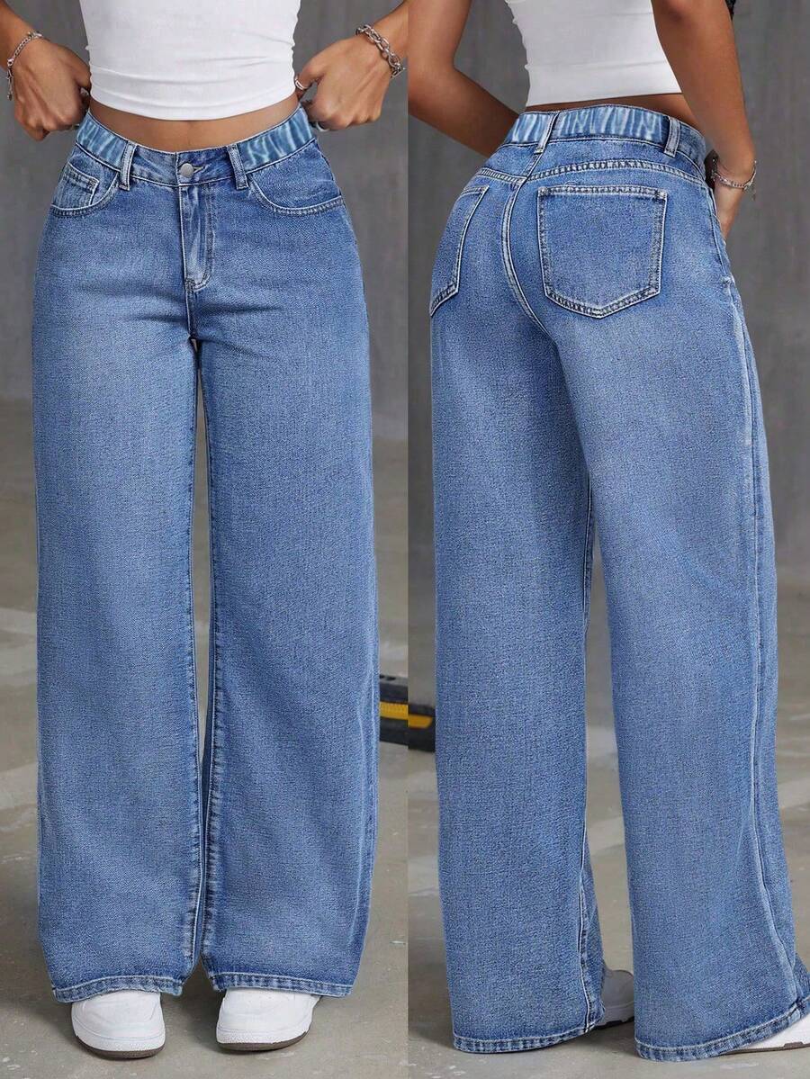 Tween Girls' Loose Fit Casual Comfortable Solid Color Straight Leg Wide Leg Jeans - Blue - View 1