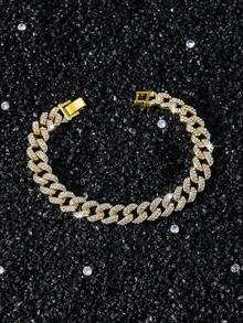 1 Set 10mm Wide Men's Full Rhinestone Hip Hop Cuban Link Chain Necklace And Bracelet Set - A - View 5