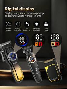 Bộ tông đơ cắt tóc chuyên nghiệp HIENA 3 món dành cho nam, tông đơ điện không dây, kéo cắt tóc bằng dầu, dao cạo, màn hình LED kỹ thuật số cho tiệm làm tóc tại nhà, phụ kiện sạc USB, hộp quà tặng tinh tế, thích hợp làm quà tặng, là người bạn đồng hành thân thiết cho gia đình - màu đen - Xem 4