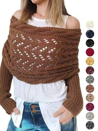 1件加长镂空双袖镂空针织围巾披肩，多功能弹力斜三角围巾，假日休闲双袖叠层围巾 - 纯色，休闲风格，优雅