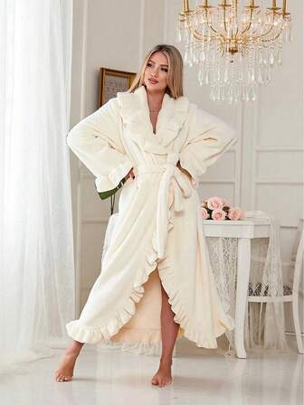 Bata de noche elegante con ribete de encaje de felpa gruesa, ropa de dormir de mujer para otoño e invierno, bata de noche de estilo palaciego de mujer con felpa esponjosa, ribete de encaje y cinturón ajustable - ropa de dormir de invierno cálida de manga larga, bata de estar por casa elegante lavable a máquina para adultos, camisón de franela