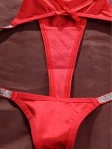 1条亮面纯色蝴蝶结丁字裤，性感迷人，舒适透气，亲肤女士内衣 - 紅色 - 查看 7