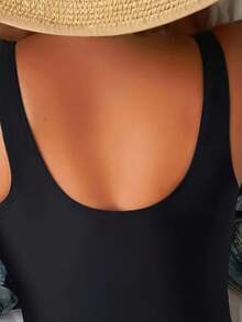 女士度假沙滩性感橙黑撞色印花连体泳衣 - 橘紅色 - 查看 5