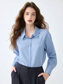 2025 Frühling/Herbst Neu Blaues Langarm Gestreiftes Hemd, Professionell für Vorstellungsgespräche & Pendeln, vielseitig & minimalistisch Bluse