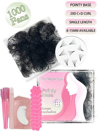 20D, vassa, smala stjälkar, färdiga lösögonfransar, 1000 kluster av lösögonfransar, 8-15 mm längder, C/D-böjning, 0,05 mm tjocklek, med 10 st. ögondynor, 10 st. ögonfransborstar, 10 st. justeringsstänger, 10 st. limkoppar, fest och resor, enkel applicering för bröllop