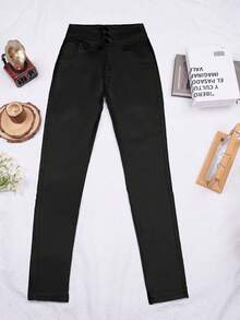 Apperloth A Pantalones casuales de cintura alta con elástico, botones y pierna entallada, de cuero sintético con efecto moldeador, estilo retro de los 90 - Negro - Ver 4