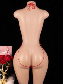 加大码 M-XXXL 性感可调节系带连体泳衣，黑色内衣套装，适合日光浴、海滩和游泳。丁字裤比基尼，女士内衣，性感女士内裤，建议手洗 - 紅色 - 查看 3