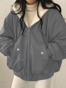 Women's Oversized Hooded Coat With Faux Fur Collar, Slimming Silhouette, Dual-Sided Pockets, Reversible, Casual Street Style, Short Jacket For Autumn/Winter - Dark Gray - View 5