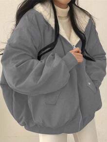 Women's Oversized Hooded Coat With Faux Fur Collar, Slimming Silhouette, Dual-Sided Pockets, Reversible, Casual Street Style, Short Jacket For Autumn/Winter - Dark Gray - View 4