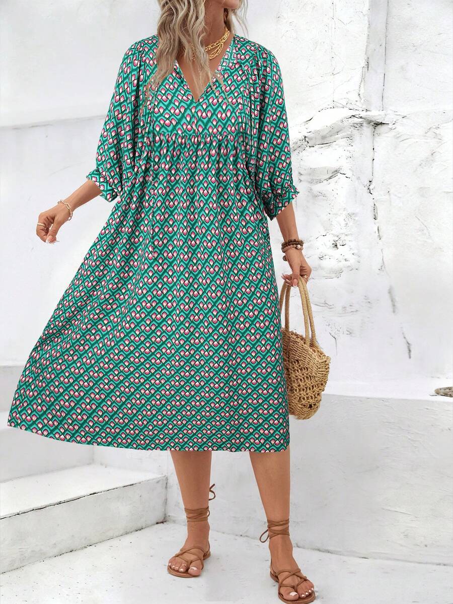 流行欧式女式碎花V领系腰休闲日常连衣裙 - 淡綠 - 查看 1