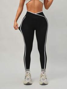 女士不对称腰带休闲运动紧身裤 黑色 - 黑色 - 查看 6