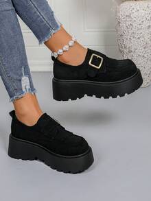 女士黑色流苏厚底乐福鞋，今年最流行的款式，搭扣流苏复古英伦风增高鞋，适合音乐节、T台走秀、派对和日常穿着。 - 黑色 - 查看 3