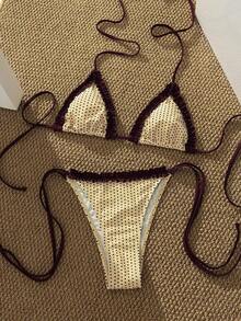 Women's Bikini Swimsuit, Cute Bohemian Style Printed Polka Dot & Striped Built-In Bra Swimwear, Suitable For Vacation, Beach, Pool And Casual Wear, Autumn/Winter, Valentine's Day, Christmas, New Year Party, And 2026 Spring/Summer Beach Outfit - Yellow-brown - View 7