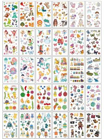 （30张/套）彩色卡通临时纹身贴纸，包含数百种图案，例如卡通动物、美人鱼、独角兽、彩色蝴蝶、小汽车、表情丰富的可爱卡通水果蔬菜，以及太空星球、海盗、机器人等，适合作为儿童礼物。防水持久的逼真临时纹身贴纸，可用于DIY。