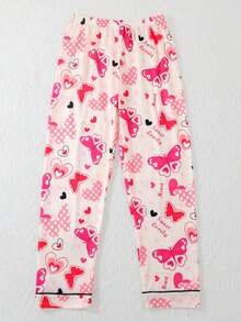 2件套女童及青少年休闲蝴蝶爱心印花翻领长袖开衫和长裤睡衣套装，阻燃，四季皆宜