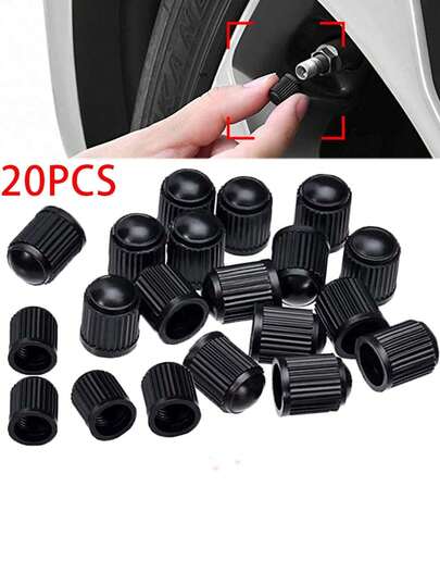 20pcs Plastic Black Car Tire Valve Stem Caps With O-Ring Rubber Seal, Round Top Dustproof Valve Stem Caps For Car, Motorcycle