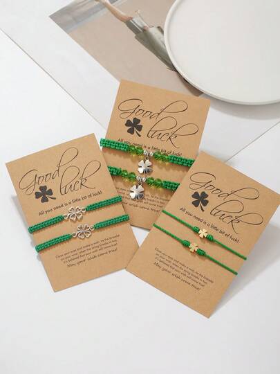 2pcs/Set St. Patrick's Day Green Lucky Four-Leaf Clover Braided Bracelet Set, Women's Fashion Handmade Woven Friendship Bracelet Jewelry Accessory Party Gift