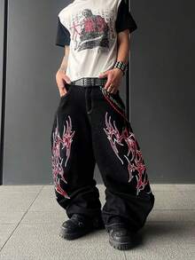 1 chiếc quần jeans nam dáng rộng, thêu họa tiết cổ điển kiểu Mỹ, thoải mái và đa năng (Không bao gồm thắt lưng và phụ kiện) - màu đen - Xem 1