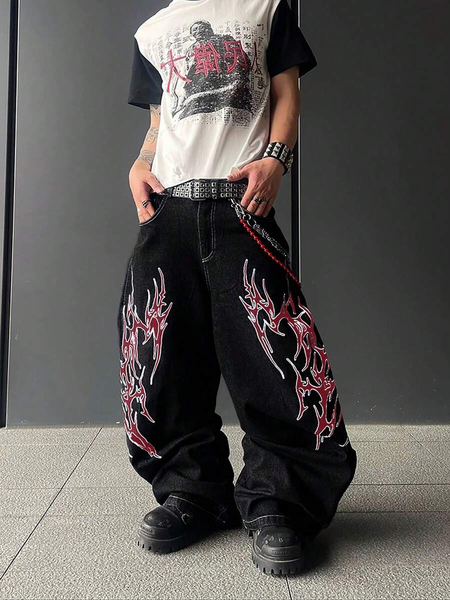 1 chiếc quần jeans nam dáng rộng, thêu họa tiết cổ điển kiểu Mỹ, thoải mái và đa năng (Không bao gồm thắt lưng và phụ kiện) - màu đen - Xem 1