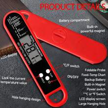 Digital Meat Thermometer With Backlight, Waterproof Stainless Steel Probe, Instant Read For BBQ, Turkey, Candy, Liquids, Beef, Portable & Foldable For Kitchen & Outdoors - Đỏ - Xem 5